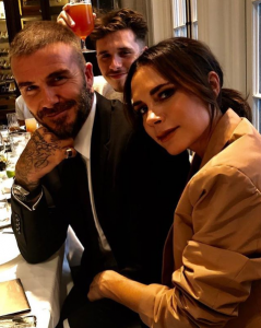 Victoria and David Beckham are joined by son Brooklyn for a family lunch 