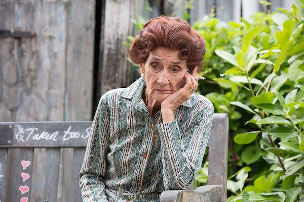 EastEnders Dot Branning aka June Brown looks miserable as she smokes 