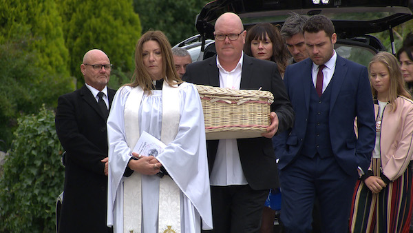 Emmerdale Harriet Paddy Chas Aaron Liv, Cain Faith Grace's funeral
