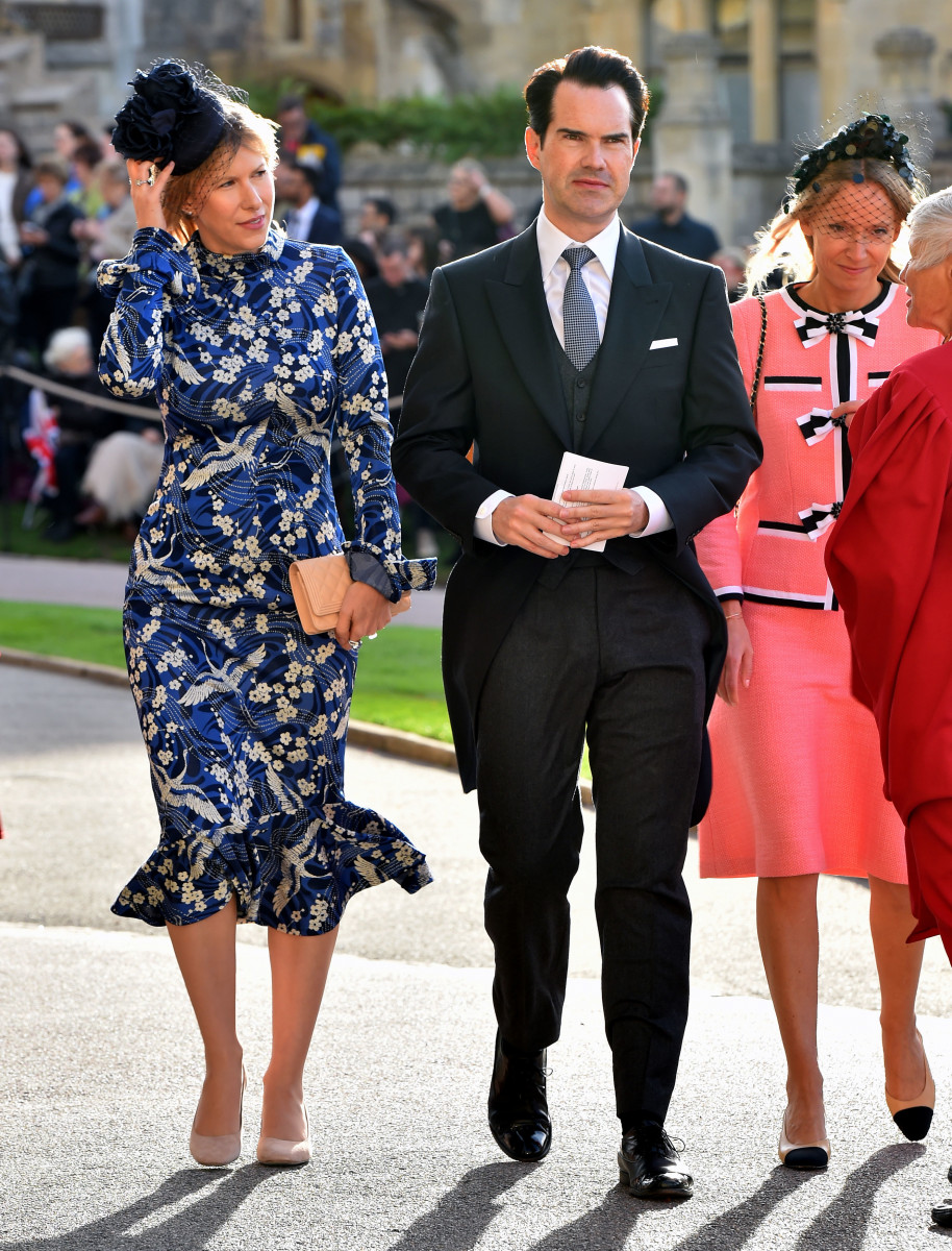 Karoline Copping and Jimmy Carr arrive ahead of the wedding of Princess Eugenie of York to Jack Brooksbank at Windsor Castle on October 12, 2018 in Windsor, England. (Photo by Matt Crossick - WPA Pool/Getty Images)