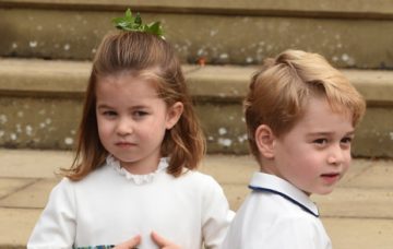The bridesmaids and page boys including Prince George of Cambridge and Princess Charlotte of Cambridge arrive with Lady Louise Mountbatten-Windsor, for the wedding of Princess Eugenie to Jack Brooksbank at St George's Chapel in Windsor Castle on October 12, 2018 in Windsor, England. (Photo by Jeremy Selwyn - WPA Pool/Getty Images)