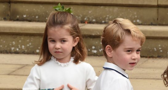 The bridesmaids and page boys including Prince George of Cambridge and Princess Charlotte of Cambridge arrive with Lady Louise Mountbatten-Windsor, for the wedding of Princess Eugenie to Jack Brooksbank at St George's Chapel in Windsor Castle on October 12, 2018 in Windsor, England. (Photo by Jeremy Selwyn - WPA Pool/Getty Images)
