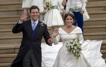 Princess Eugenie and Jack Brooksbank leave St George's Chapel in Windsor Castle following their wedding on October 12, 2018 in Windsor, England. (Photo by Steve Parsons - WPA Pool/Getty Images)
