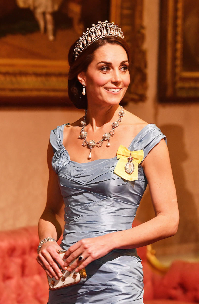 Catherine, Duchess of Cambridge during a State Banquet at Buckingham Palace on October 23, 2018 in London, United Kingdom. King Willem-Alexander of the Netherlands accompanied by Queen Maxima are staying at Buckingham Palace during their two day stay in the UK. The last State Visit from the Netherlands was by Queen Beatrix and Prince Claus in 1982. (Photo by John Stillwell - WPA Pool/Getty Images)