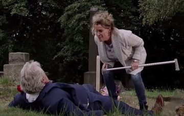 Liz pushes Jim to the ground