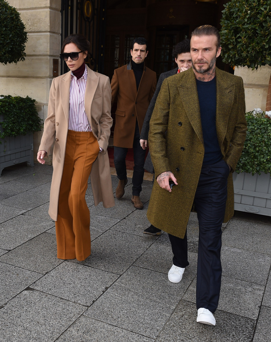 David Beckham, Victoria Beckham and Brooklyn Beckham are seen leaving the Ritz Hotel in Paris