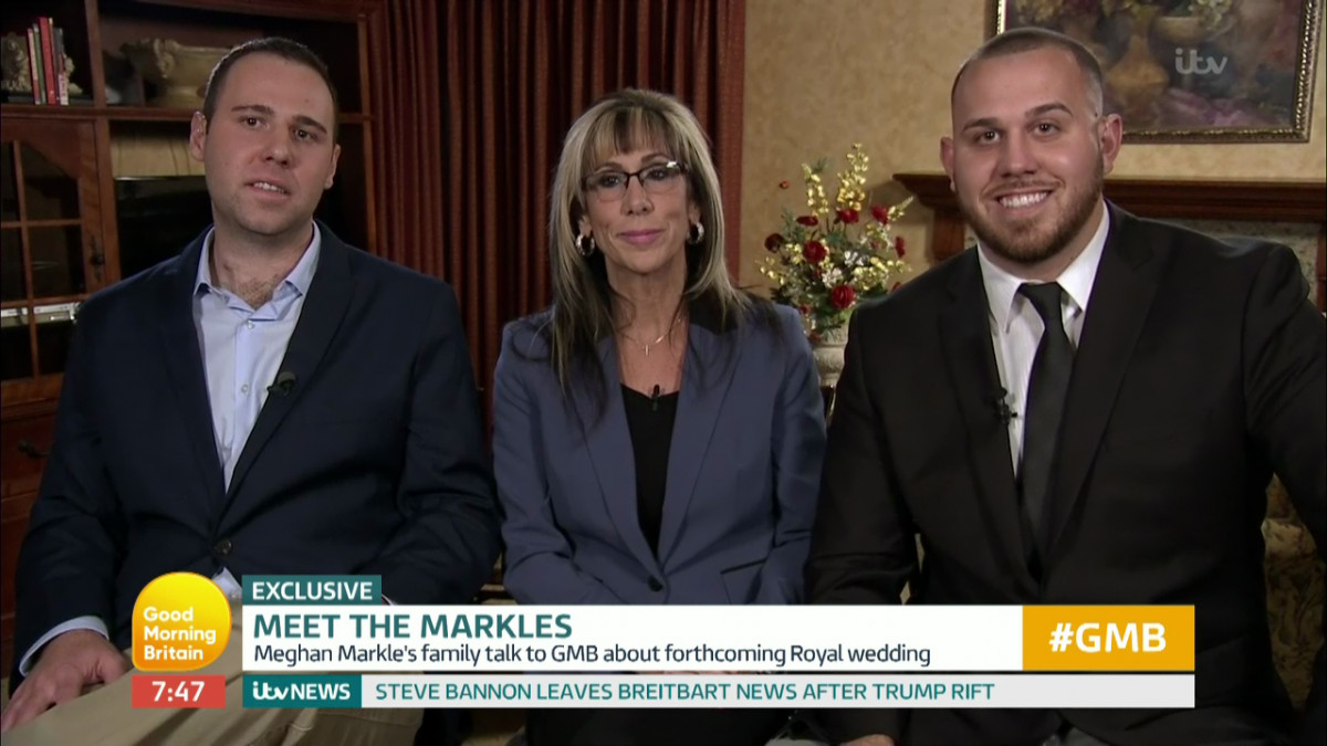 Thomas Jr, Tyler and Tracey Dooley relatives of Meghan Markle talk about her engagement to Price Harry on 'Good Morning Britain'. Broadcast on ITV1