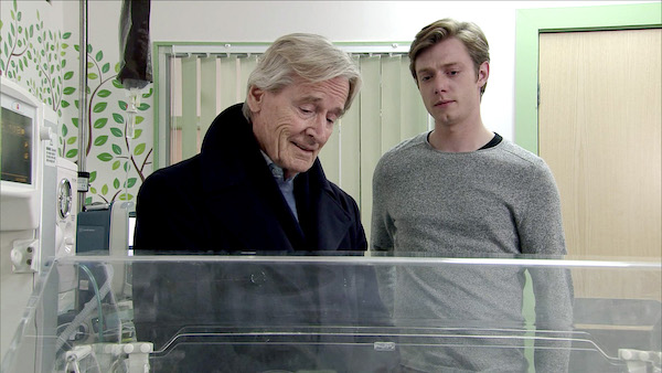 Ken Barlow and Daniel Osbourne look at baby Bertie in the incubator