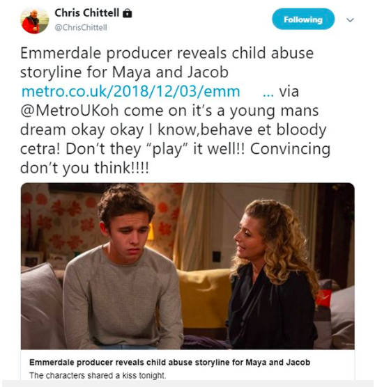 Emmerdale's Chris Chittell sparks outrage with tweet about grooming storyline