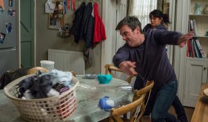 Cain trashes the house and attacks Moira in Emmerdale 