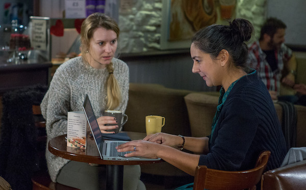 Dawn and the social worker talk in Emmerdale 