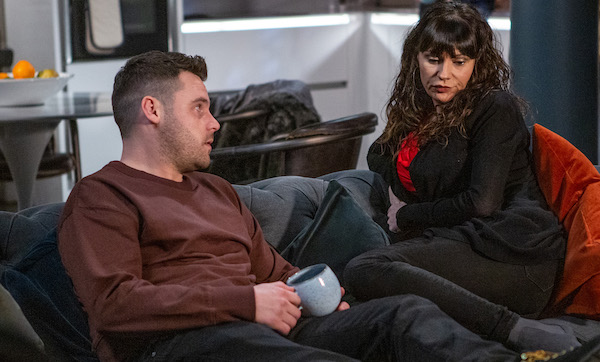 Chas looks upset as Aaron comforts her in Emmerdale