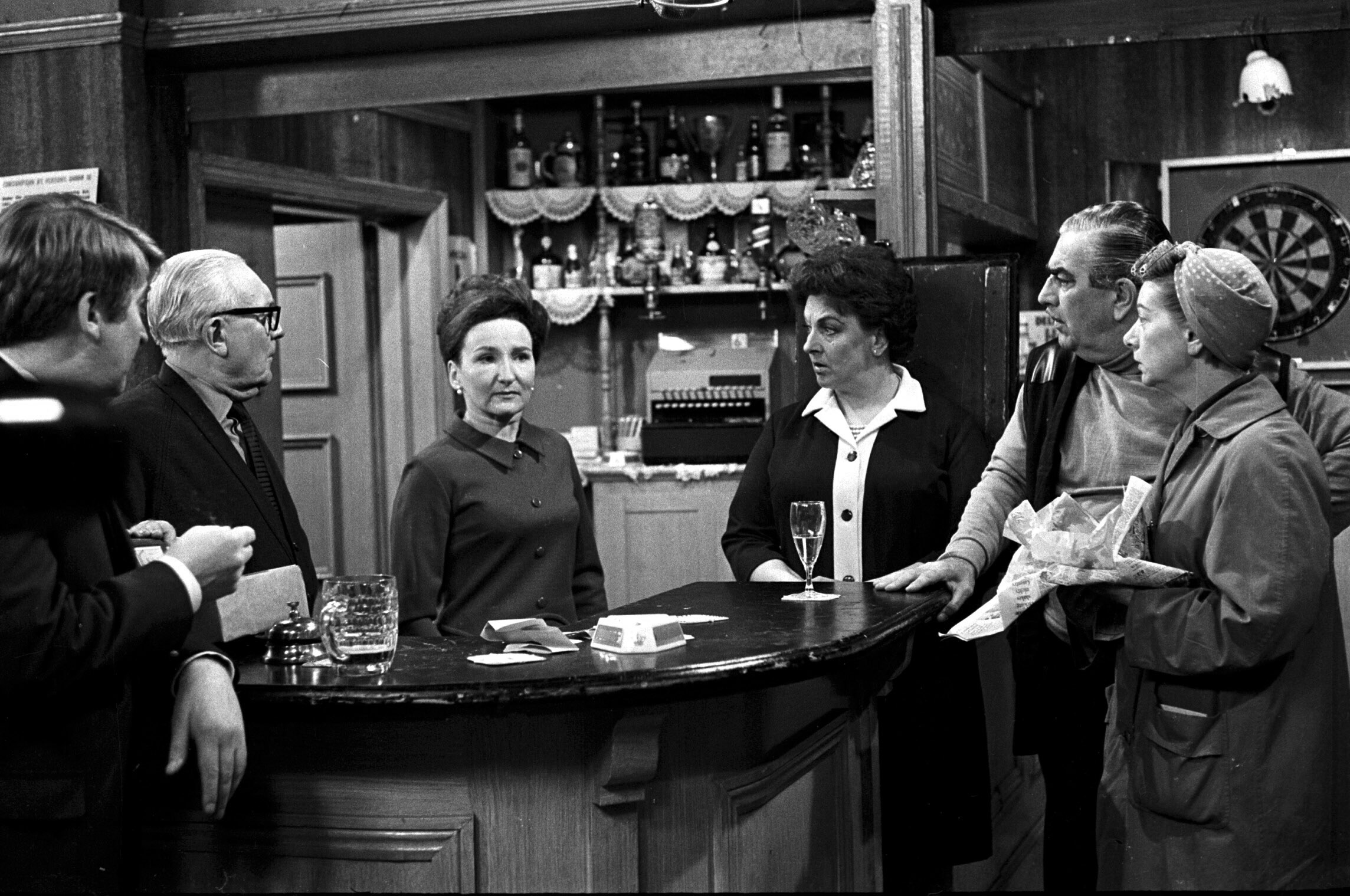 Editorial use only. Exclusive - Premium Rates Apply. Call your Account Manager for pricing. Mandatory Credit: Photo by ITV/REX/Shutterstock (669448pz) 'Coronation Street' TV - 1969 - L-R Len Fairclough [Peter Adamson], Jack Walker [Arthur Leslie], Emily Nugent [Eileen Derbyshire], Betty Turpin [Betty Driver], Stan Ogden [Bernard Youens] and Hilda Ogden [Jean Alexander] in the Rovers. ITV ARCHIVE