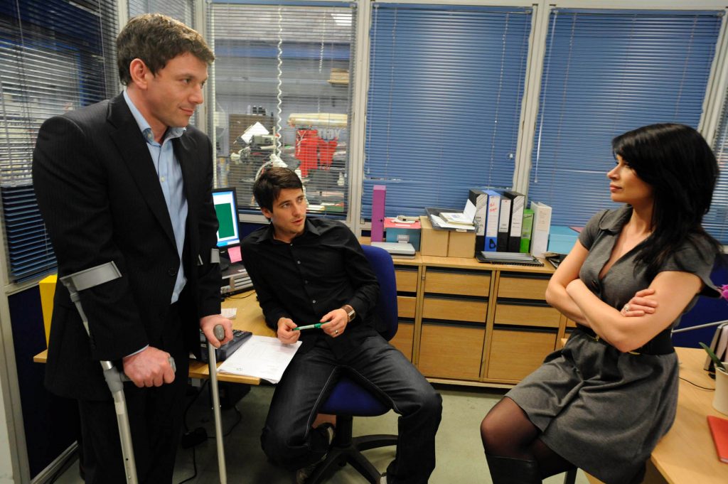 Editorial use only. Exclusive - Premium Rates Apply. Call your Account Manager for pricing. Mandatory Credit: Photo by ITV/REX/Shutterstock (871526st) 'Coronation Street' TV - 2008 - Liam Connor [Rob James-Collier] reluctantly sells his share of the factory to Tony Gordon [Gray O'Brien] - as he glares at Carla Connor [Alison King] and she holds his gaze ITV ARCHIVE