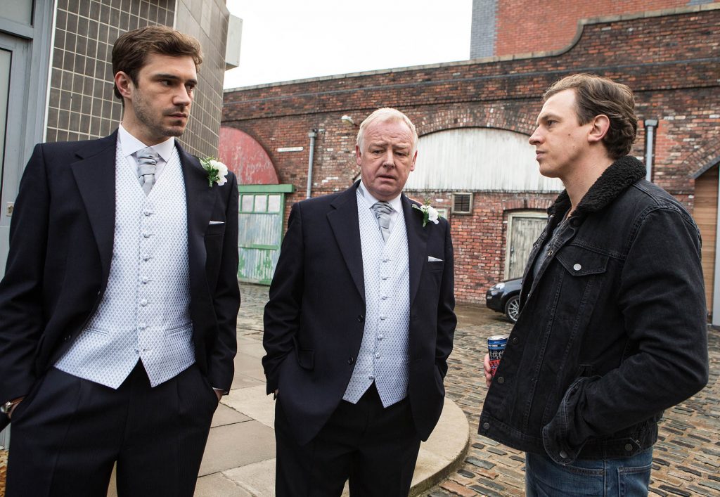 Editorial use only Mandatory Credit: Photo by ITV/REX/Shutterstock (8965186g) Ep 8592 Monday 9 March 2015 - 1st Ep Andy, as played by Oliver Farnworth, a bag of nerves, feeling guilty about the fake mugging. Gavin Rodwell, as played by Mark Holgate, clocks Michael Rodwell, as played by Les Dennis, and Andy dressed for the service. Michael proudly explains that his son is his best man. Gavin's scathing and tells Michael that if he were his son, he'd despise him and never forgive him. 'Coronation Street' TV Series - Mar 2015