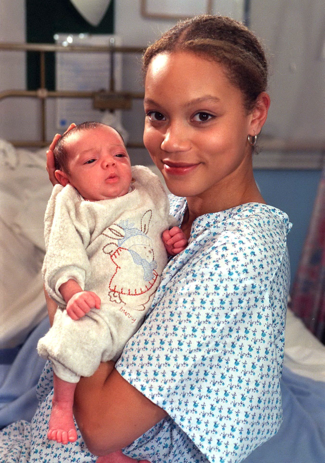 Editorial use only. Exclusive - Premium Rates Apply. Call your Account Manager for pricing. Mandatory Credit: Photo by ITV/Shutterstock (669637oz) 'Coronation Street' TV - Fiona Middleton [Angela Griffin] in hospital with new baby Malcolm ITV ARCHIVE