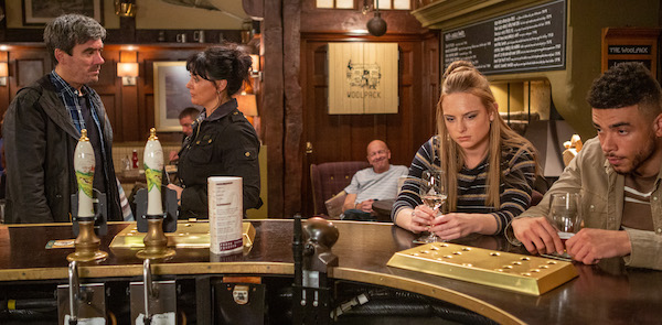 Nate, Cain, Amy and Moira in Emmerdale 