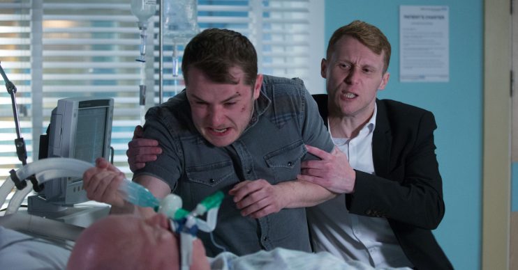 WARNING: Embargoed for publication until 00:00:01 on 06/08/2019 - Programme Name: EastEnders - July - September - 2019 - TX: 06/08/2019 - Episode: EastEnders - July - September - 2019 - 5967 (No. 5967) - Picture Shows: *NOT FOR USE PRE-TX WITHOUT PRIOR APPROVAL* Jay stops Ben trying to kill Phil. Phil Mitchell (STEVE MCFADDEN), Ben Mitchell (MAX BOWDEN), Jay Brown (JAMIE BORTHWICK) - (C) BBC - Photographer: Jack Barnes