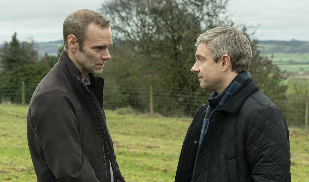 A Confession with Joe Absolom and Martin Freeman frowning at each other