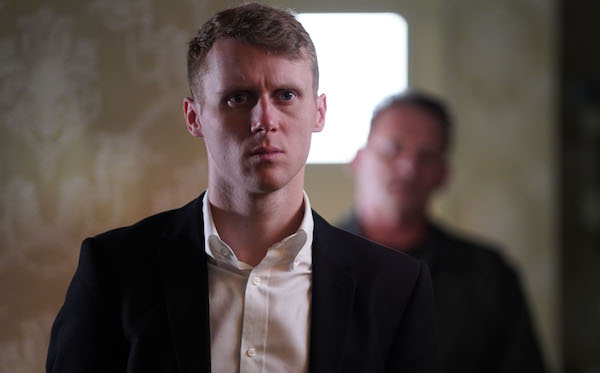 Jay looking serious on EastEnders
