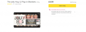 Jolly Hog gluten free Pigs in Blankets scored 78 out of 100 Ocado