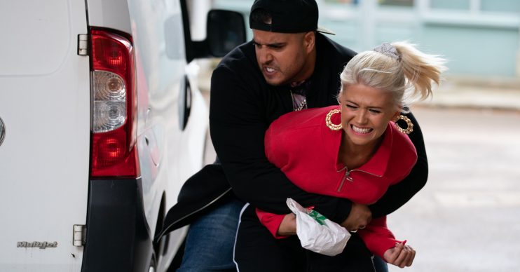 WARNING: Embargoed for publication until 00:00:01 on 08/10/2019 - Programme Name: EastEnders - October - December 2019 - TX: 08/10/2019 - Episode: EastEnders - October - December - 2019 - 6003 (No. 6003) - Picture Shows: *NOT FOR USE PRE-TX WITHOUT PRIOR APPROVAL* Jags grabs Lola and throws her in a van Jags Panesar (AMAR ADATIA), Lola Pearce (DANIELLE HAROLD) - (C) BBC - Photographer: Jack Barnes