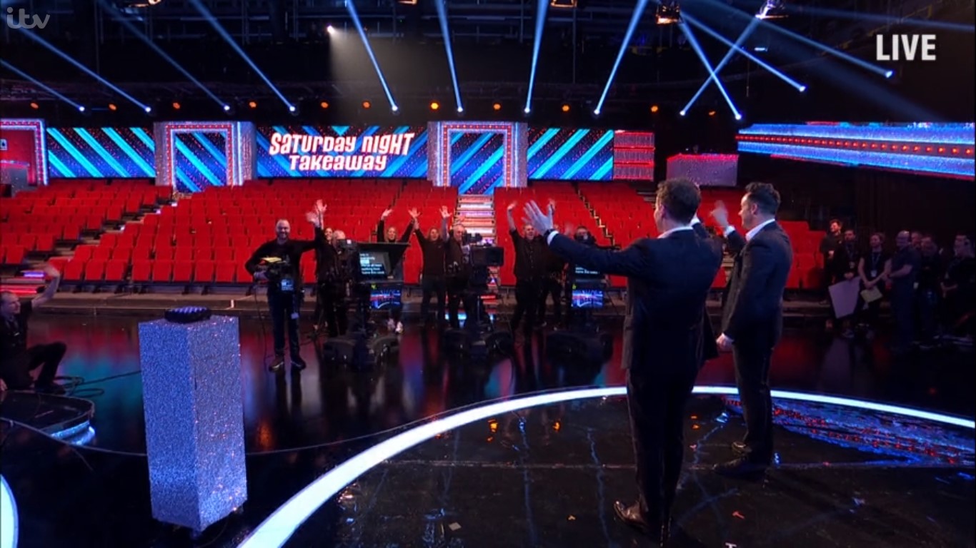 A skeleton crew were the only ones watching Saturday Night Takeaway last night (Credit: ITV)