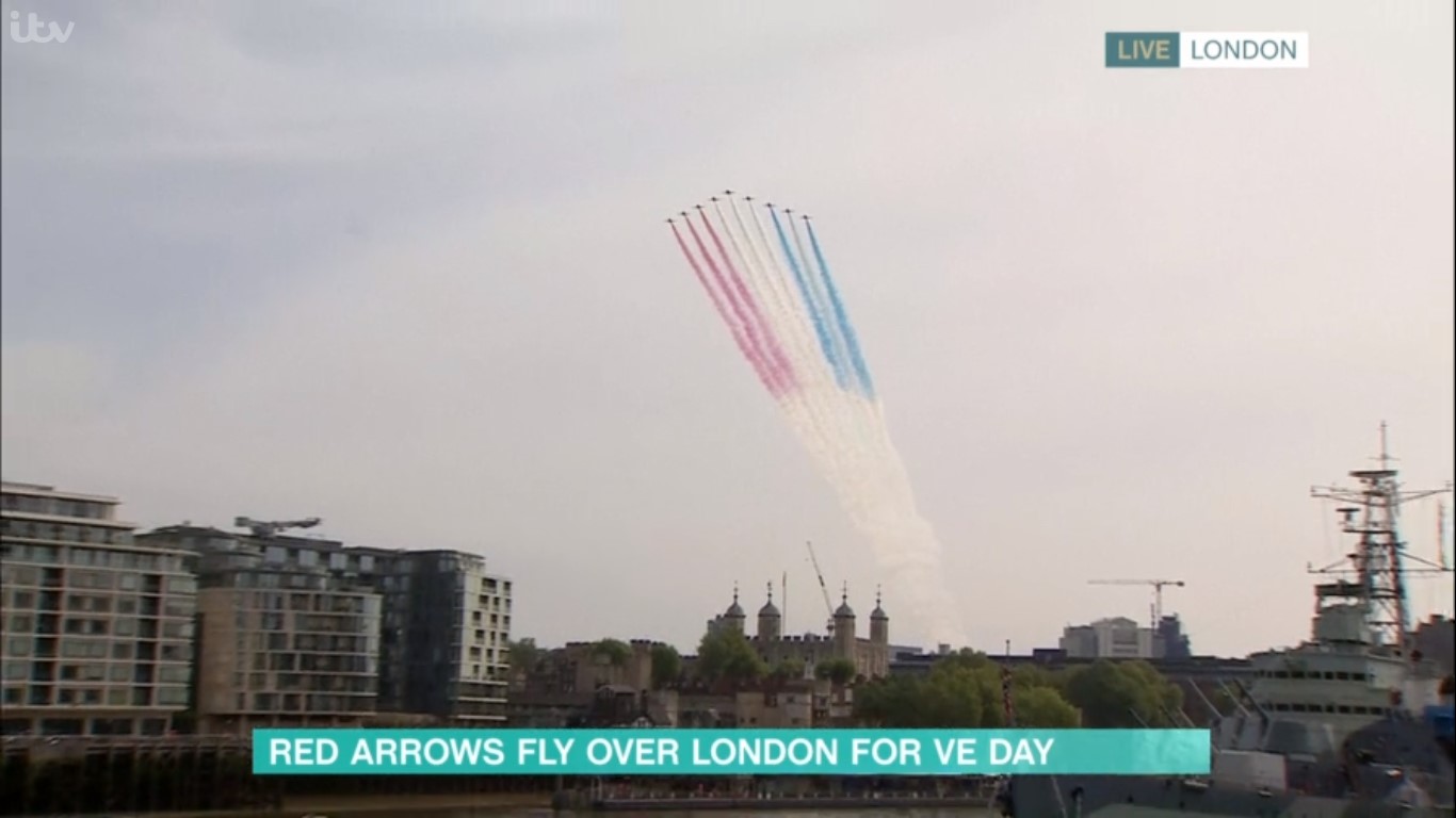 The Red Arrows also flew over London as part of the VE Day 75th anniversary celebrations (Credit: ITV)