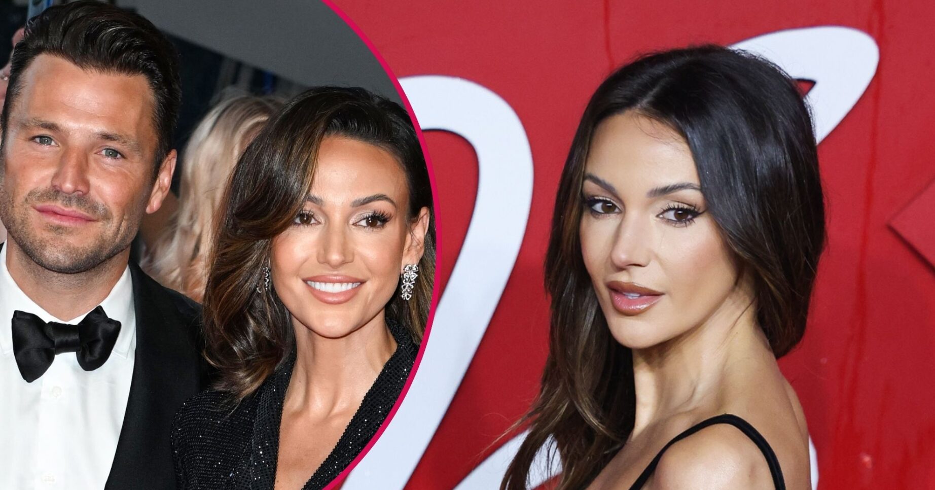 Michelle Keegan looks to the side next to a photo of Michelle with Mark Wright