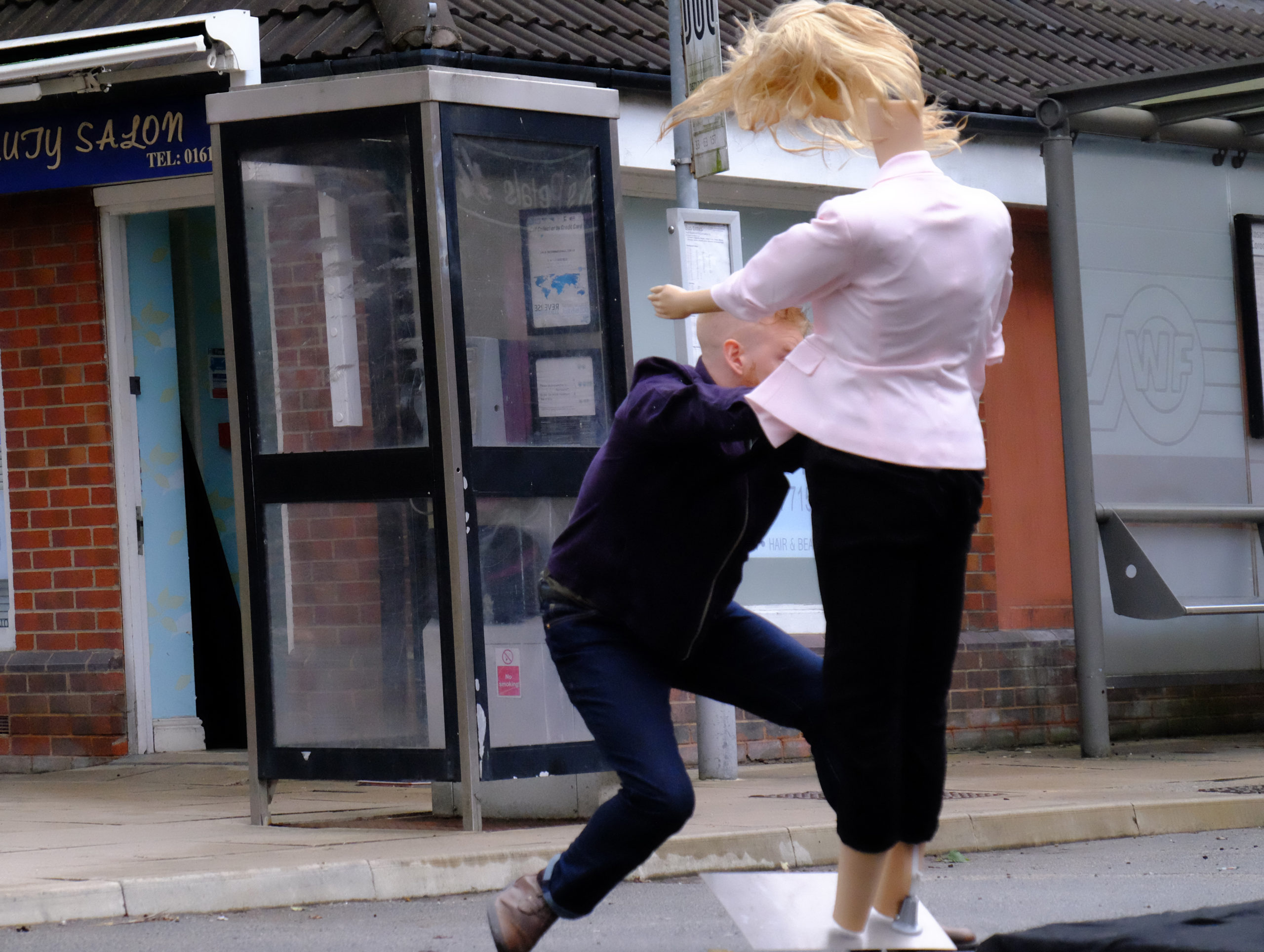 The dummy's head kept falling off as Mikey filmed the Coronation Street stunt (Credit: ITV)