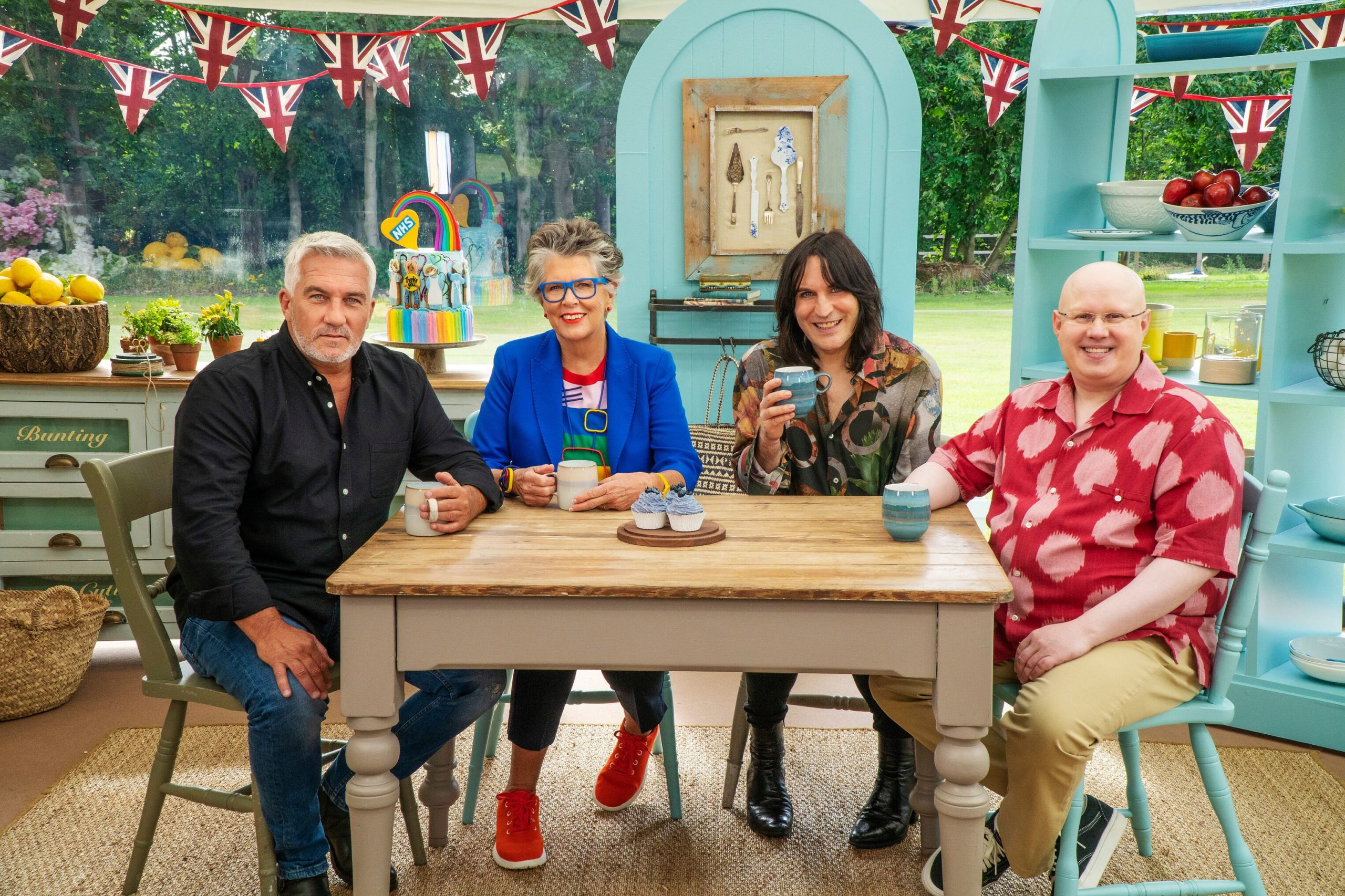 Paul Hollywood, Prue Leith, Noel Fielding and Matt Lucas in the Bake Off tent