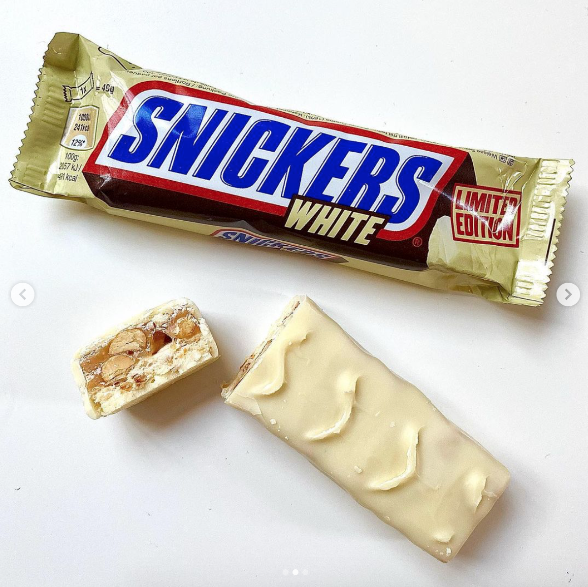 white chocolate snickers bar cut open