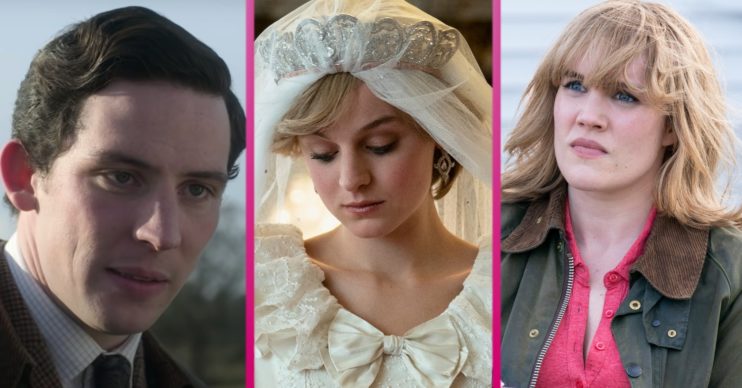 The Crown's Josh O'Connor as Charles, Emma Corrin as Diana, Emerald Fennell as Camilla