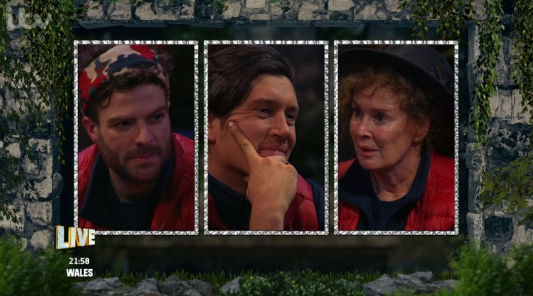 Jordan North, Vernon Kay and Beverley Callard, who are doing the eating trial on I'm A Celebrity