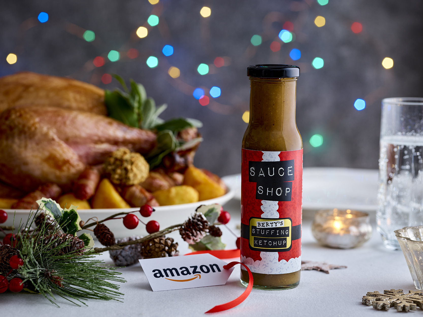 stuffing ketchup on a Christmas dinner table