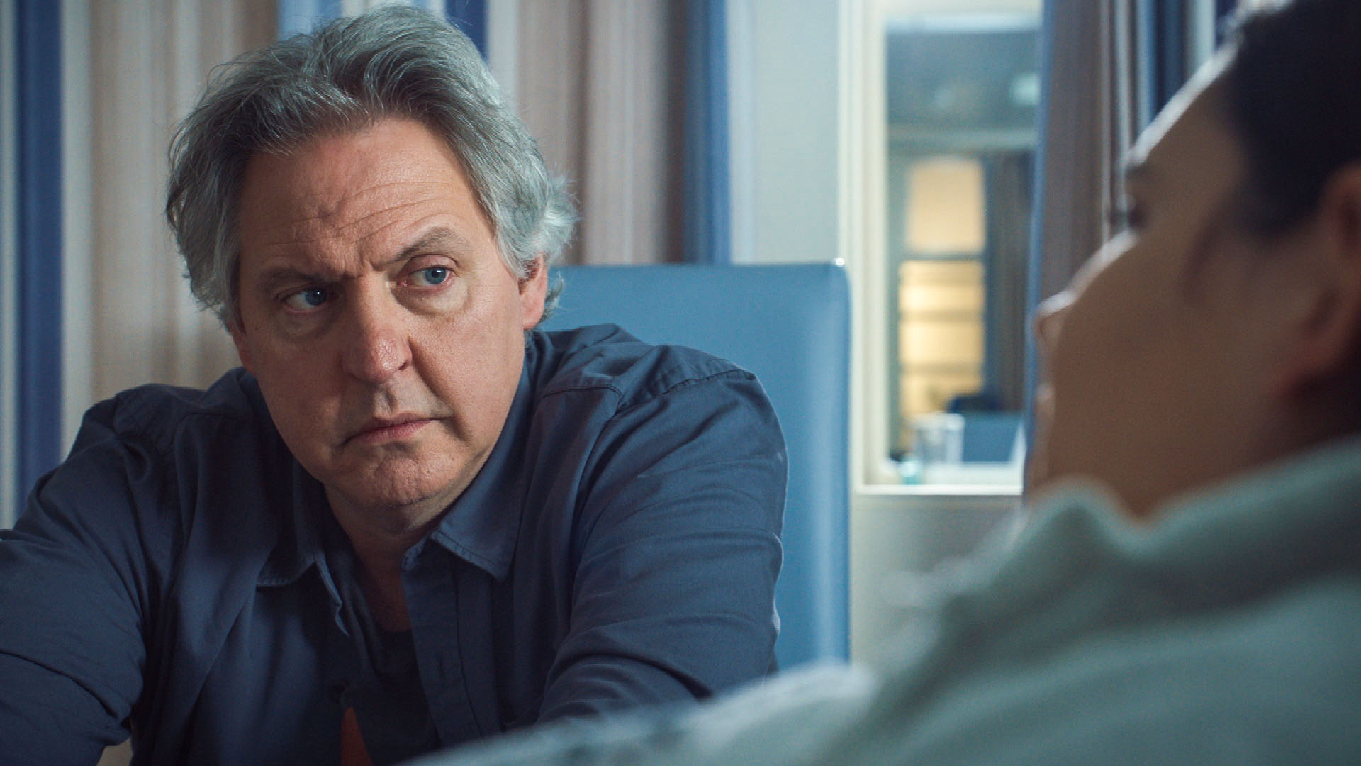Holby City Sacha looking upset