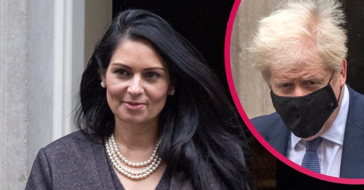 Priti Patel and Boris Johnson, Downing Street briefing today