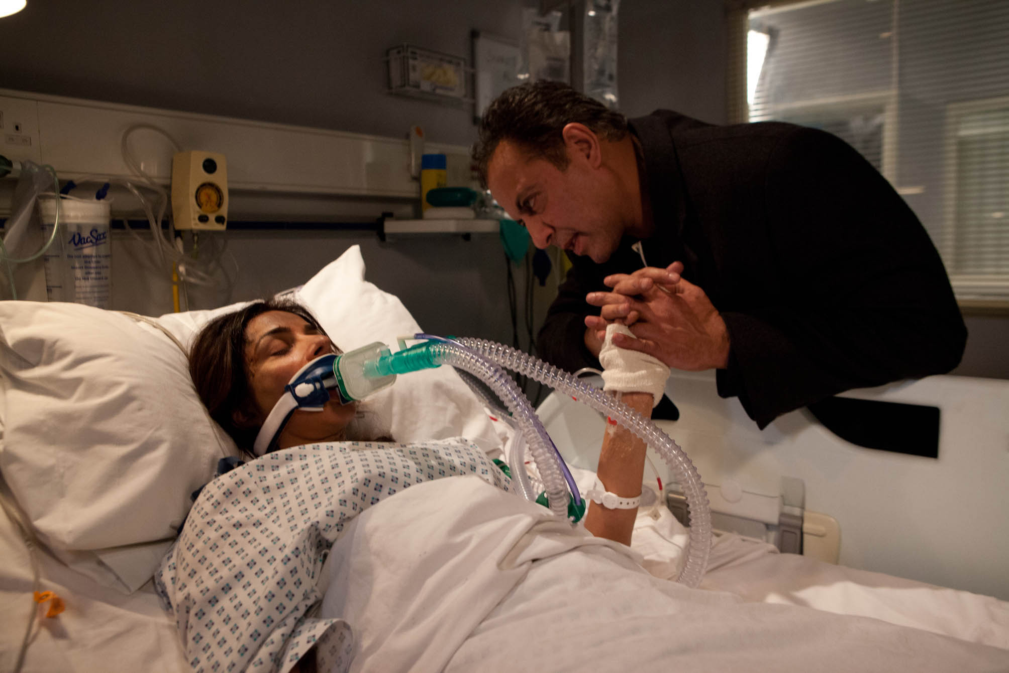 Sunita in Coronation Street lies in hospital hooked up to machines as Dev holds her hand