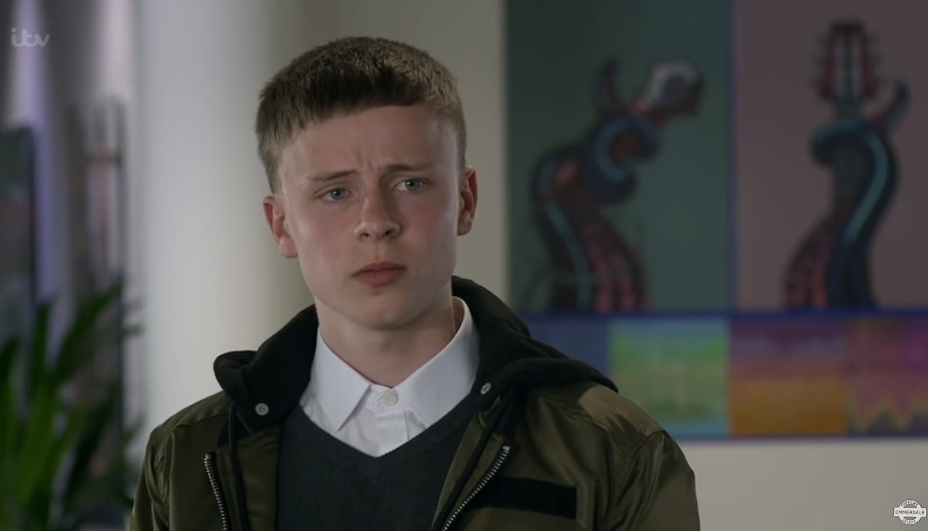 Emmerdale Samson Dingle in school looking annoyed
