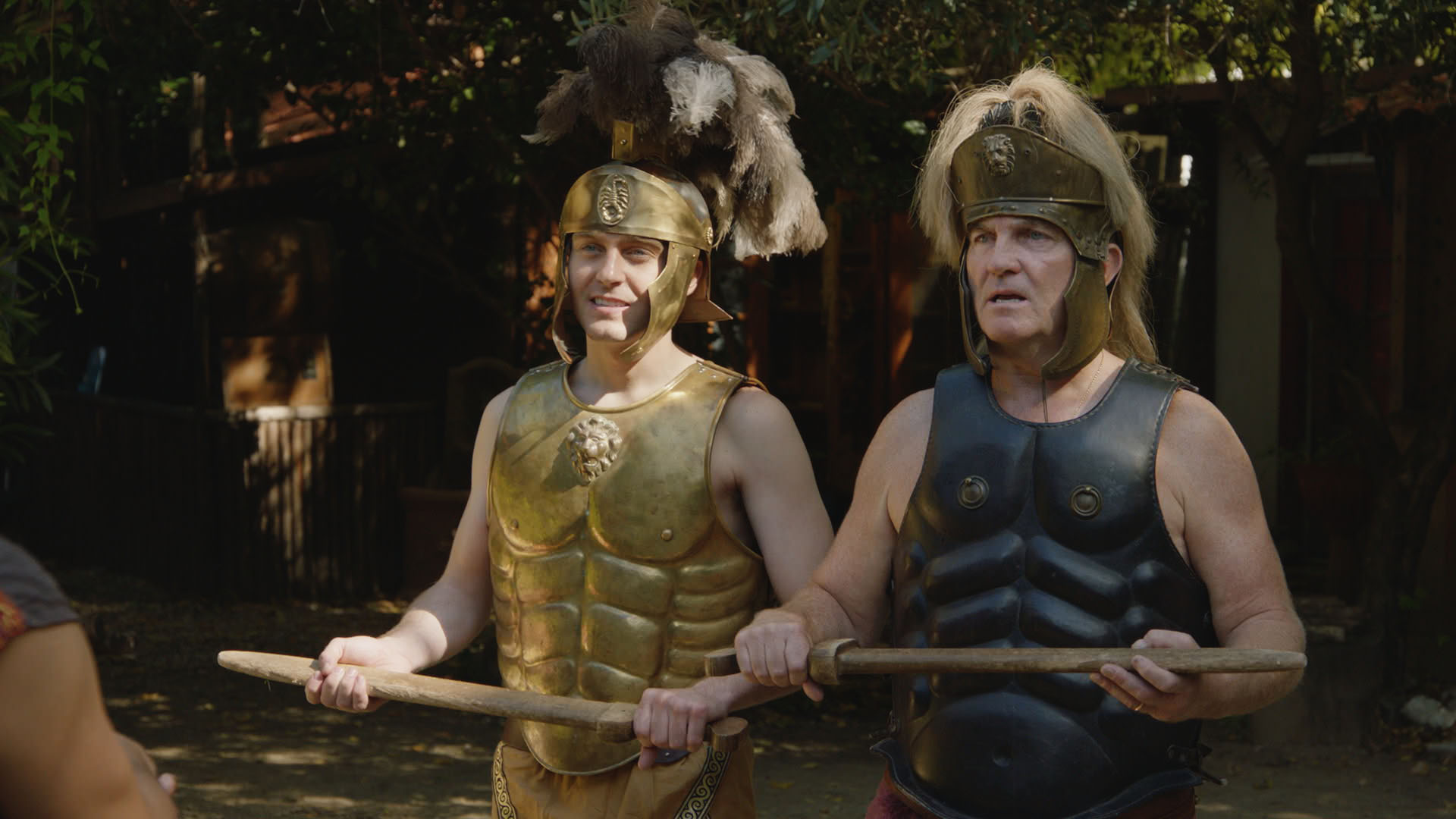 Bradley and Barney Walsh in gladiator costumes