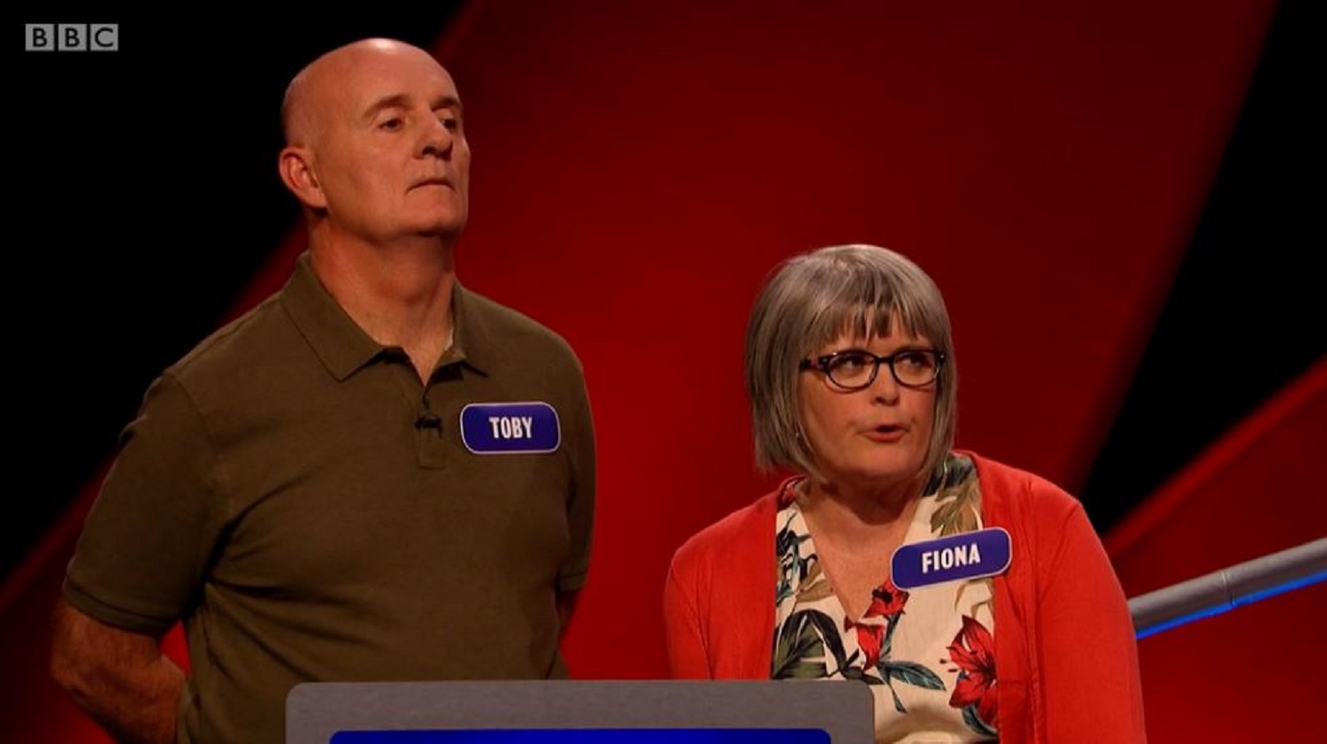 Toby and Fiona speaking to the pointless host