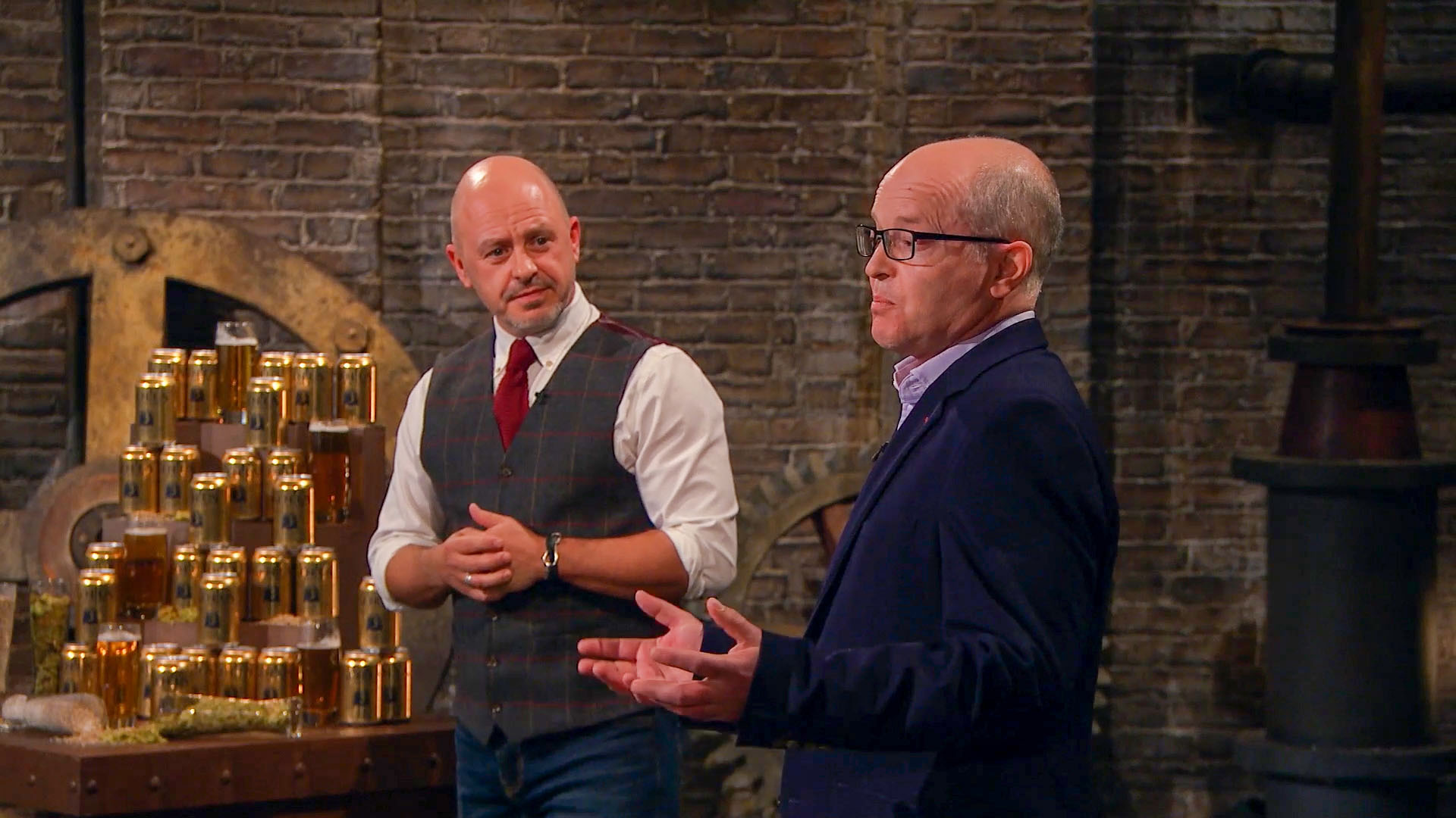 Charlie and Jason pitch their low calorie beer to the Dragons (Credit: BBC One)