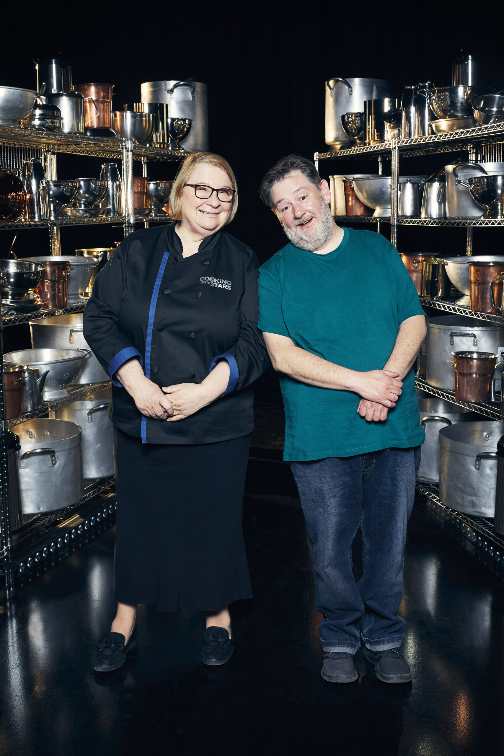 Rosemary Shrager smiling with funnyman Johnny Vegas on Cooking With The Stars 