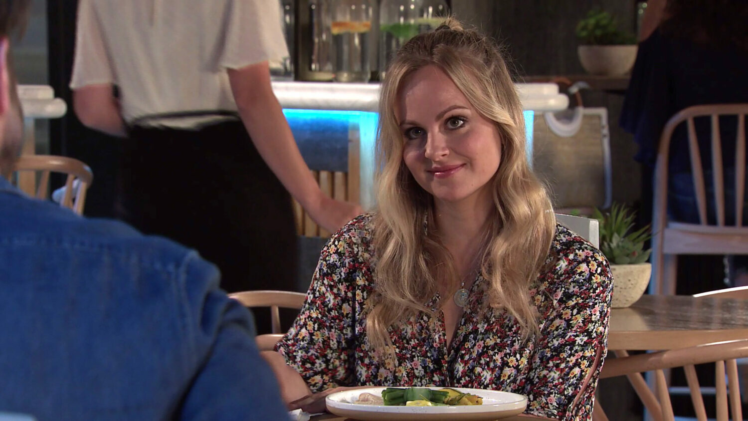 Coronation Street Sarah smiles lovingly at Adam over dinnner