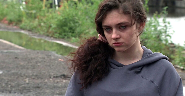 Nina on Coronation Street in a grey hoodie