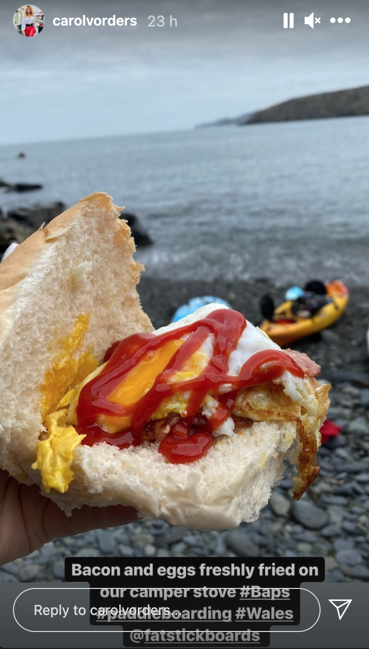 On Instagram, Carol Vorderman showed off her egg and bacon bap while on holiday