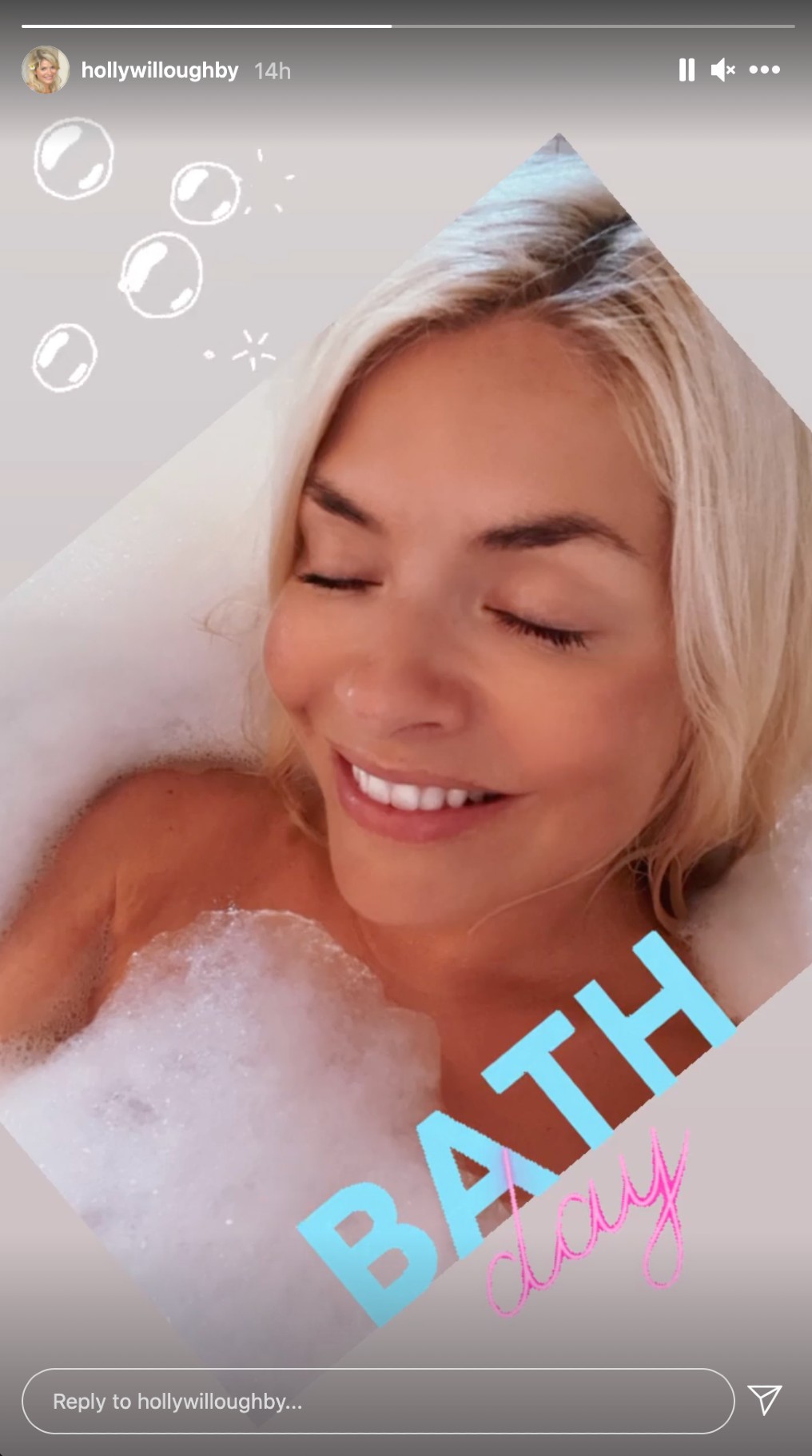 Holly Willoughby smiles as she enjoys a bubble bath on instagram
