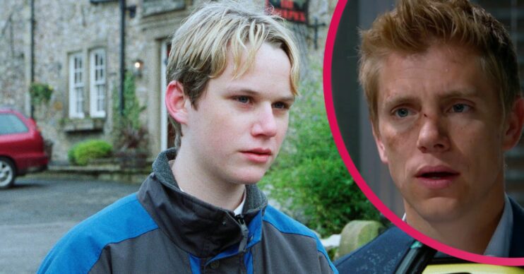 Christopher Smith as Robert Sugden with inset of Ryan Hawley as Robert
