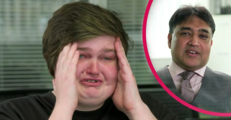 Undercover Big Boss eurofoods employee Jess cries with inset of her boss Shelim