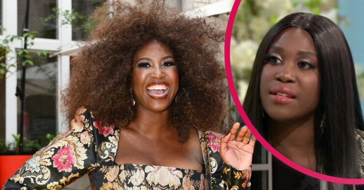Motsi Mabuse in a floral puff sleeve dress with an inset of her looking serious